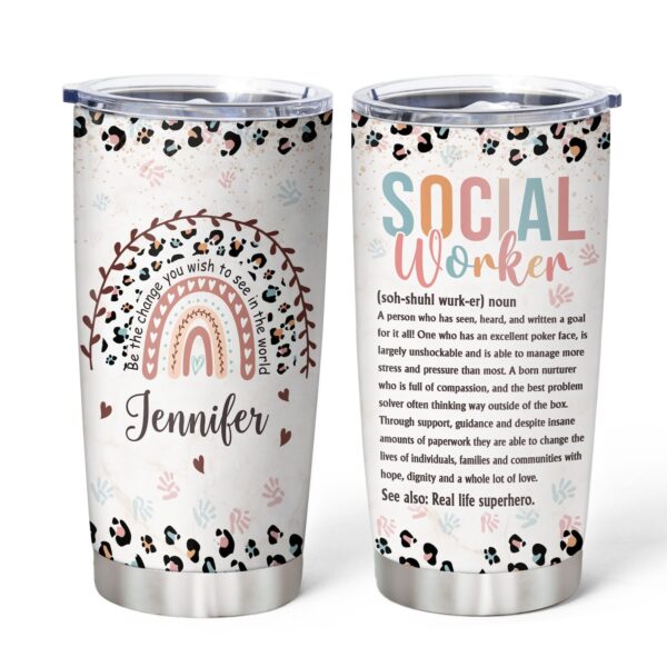 Social Worker Custom Name Tumbler, Leopard Rainbow Stainless Steel Tumbler