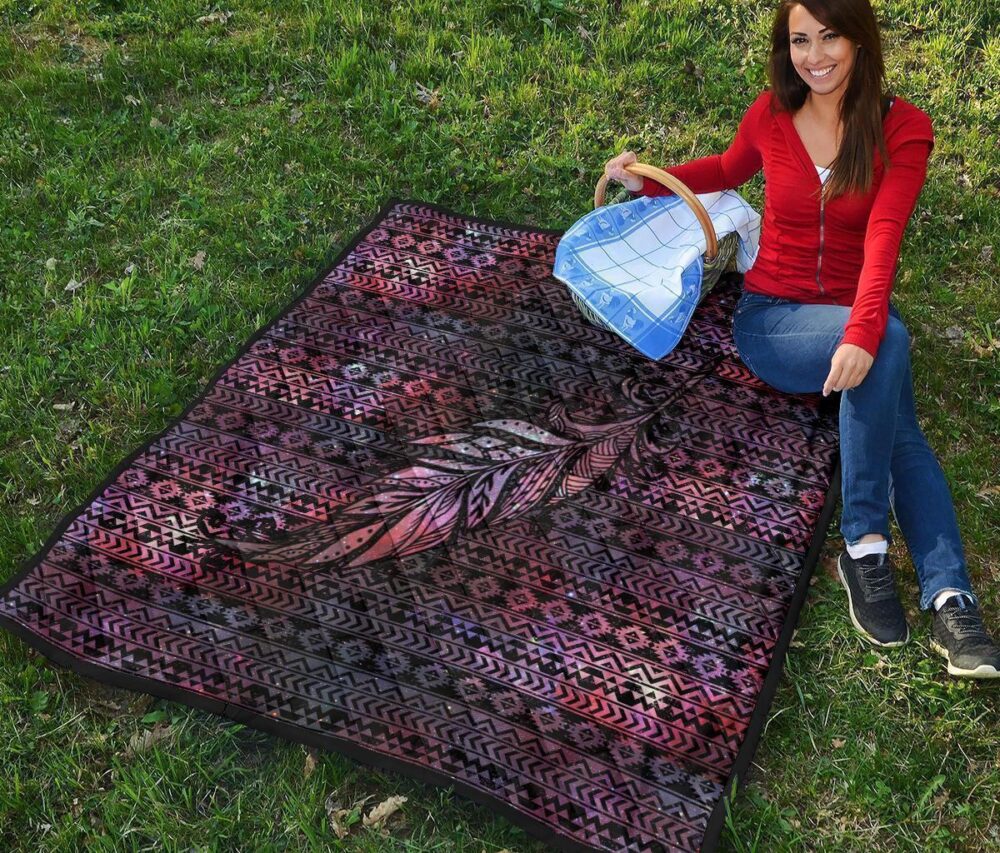 Aztec Boho Feather Quilt Blanket Gift For Native Lover