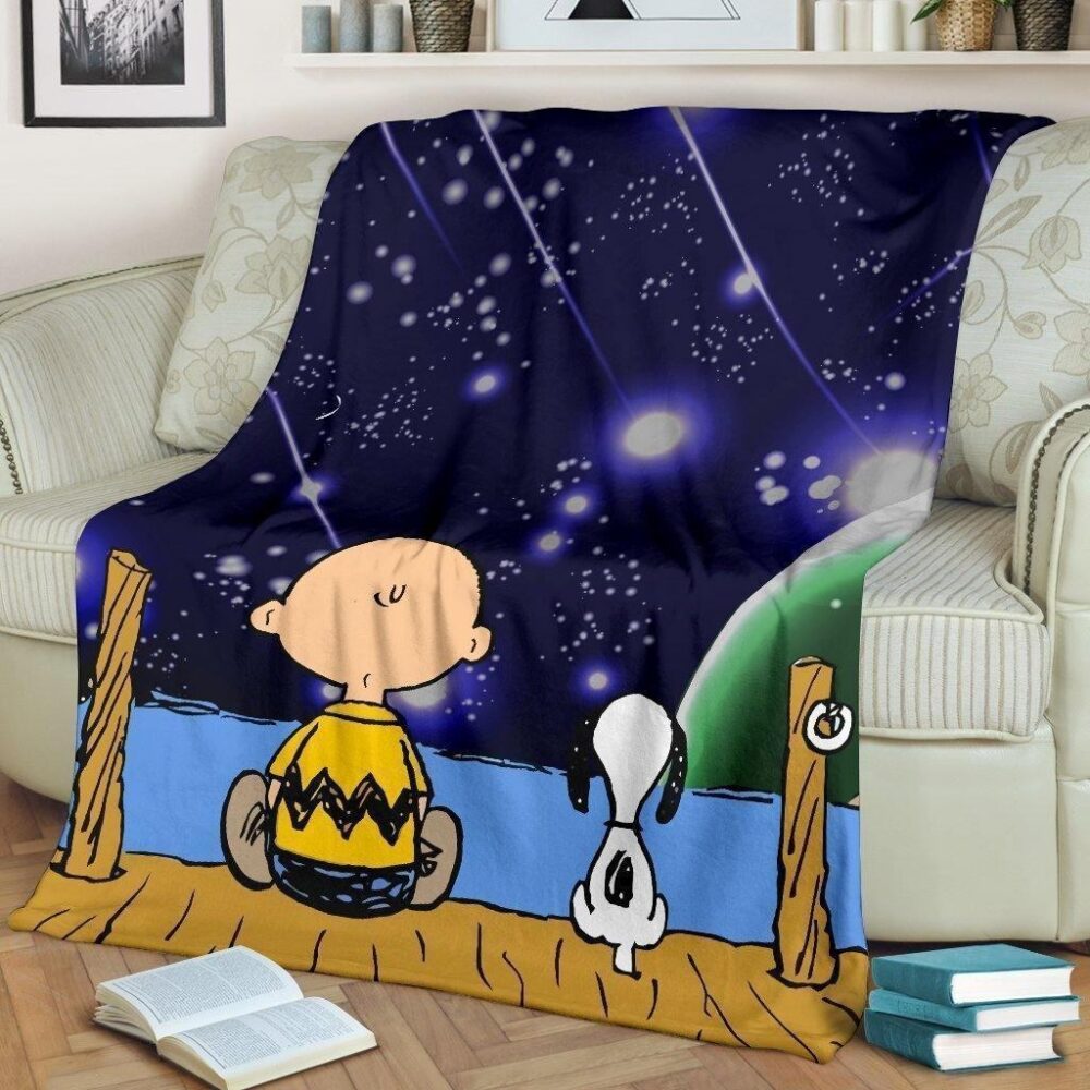 Charlie And Snoopy Fleece Blanket Staring Into Night Sky