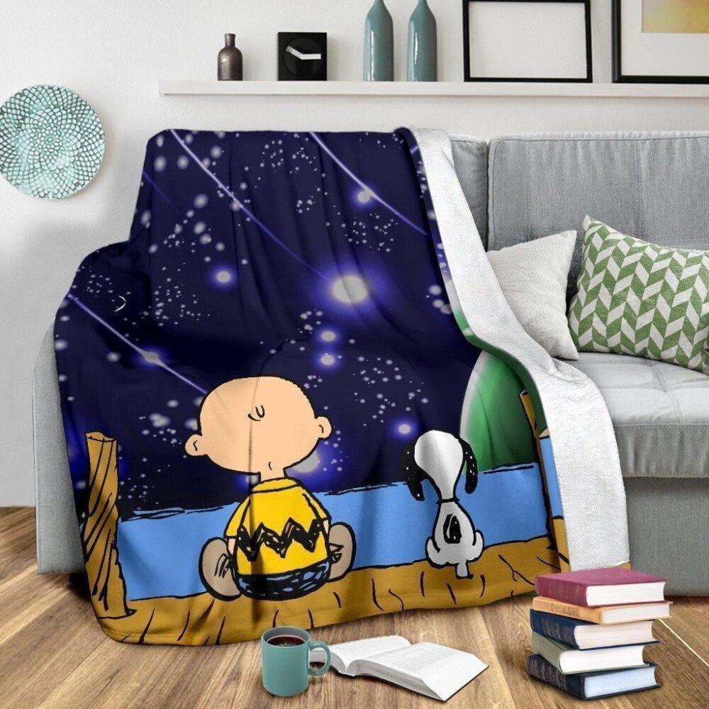 Charlie And Snoopy Fleece Blanket Staring Into Night Sky