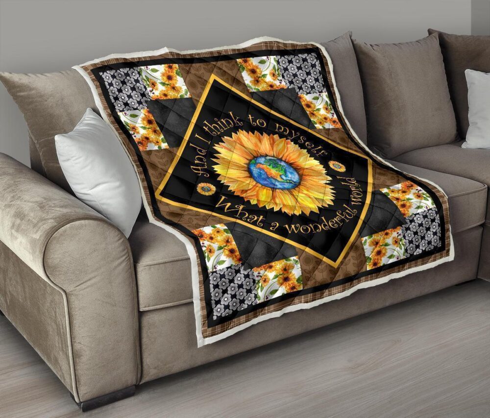 Colorful What a Wonderful World Sunflower Quilt Blanket Gift