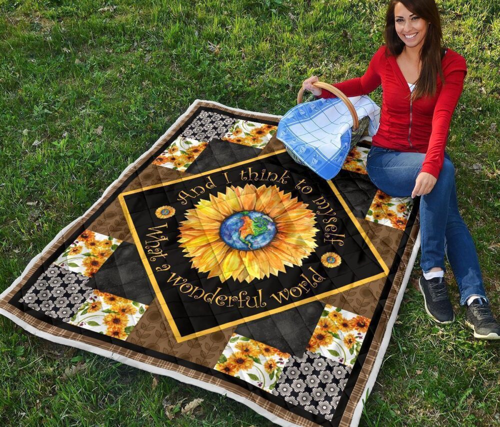 Colorful What a Wonderful World Sunflower Quilt Blanket Gift