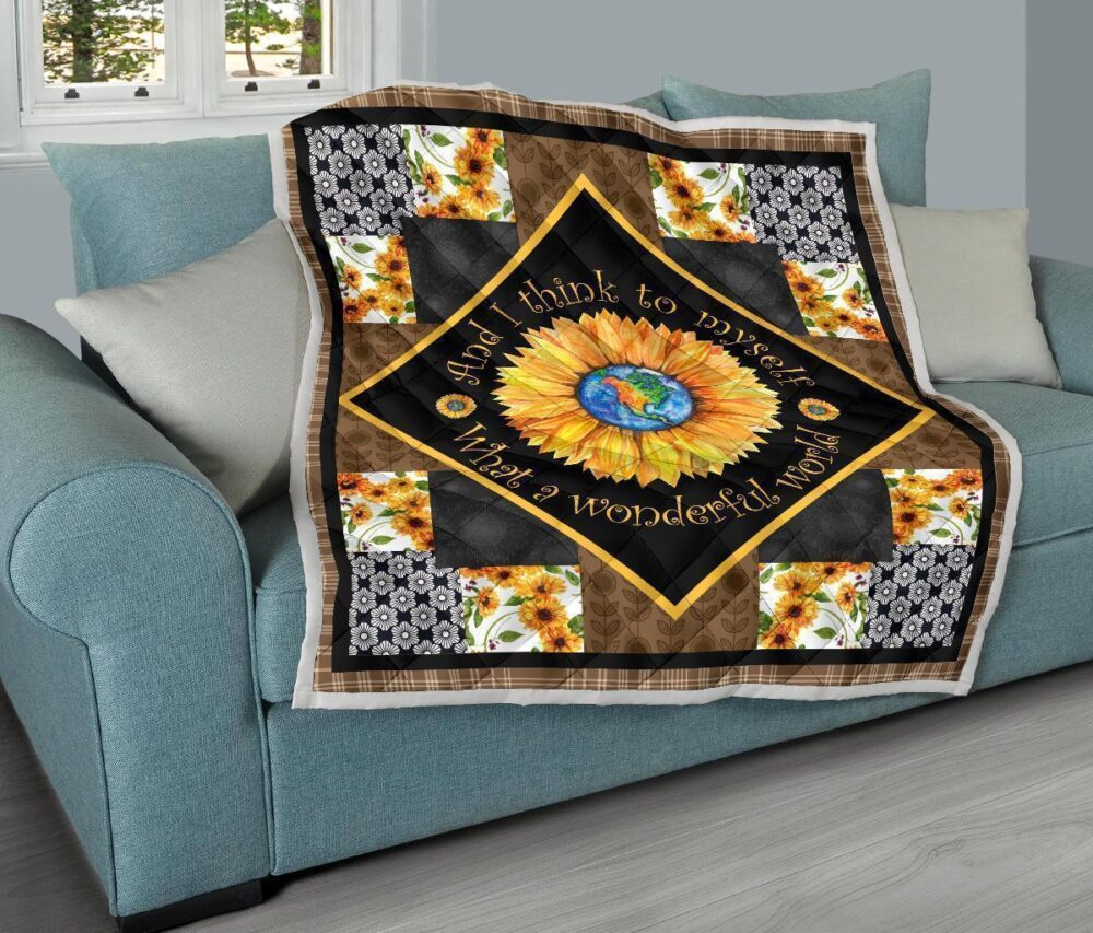 Colorful What a Wonderful World Sunflower Quilt Blanket Gift