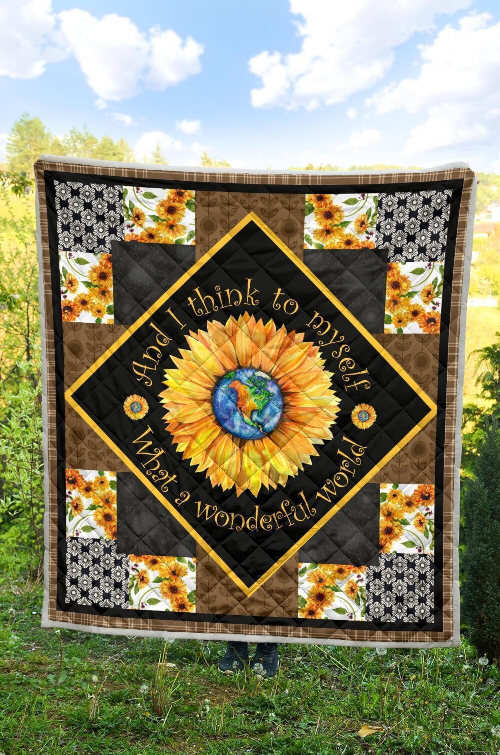 Colorful What a Wonderful World Sunflower Quilt Blanket Gift