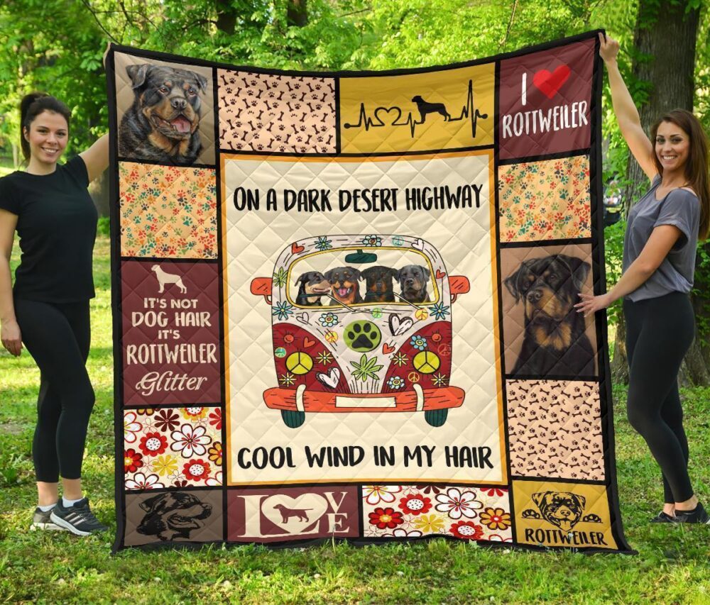 Dog On Dark Desert Highway Hippie Van Rottweiler Quilt Blanket