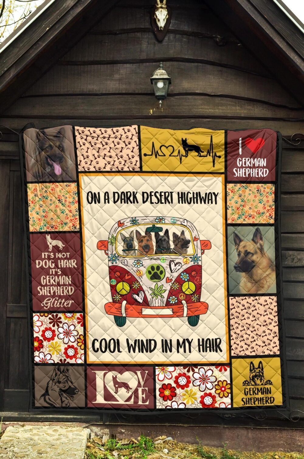 Dog On Dark Desert Hippie Van German Shepherd Quilt Blanket