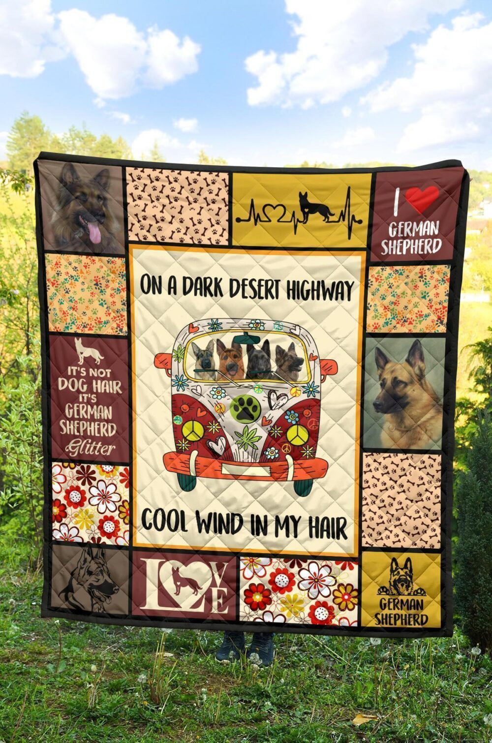 Dog On Dark Desert Hippie Van German Shepherd Quilt Blanket