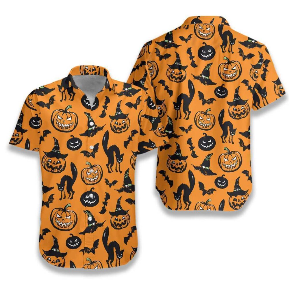 Halloween Black Cat Pumpkin And Bat Orange Custom Button Up Hawaiian Shirt | HW028