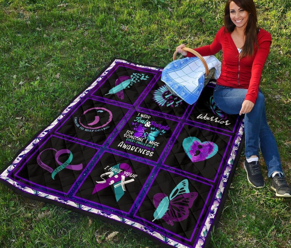 I wear Teal And Purple Suicide Prevent Awareness Quilt Blanket