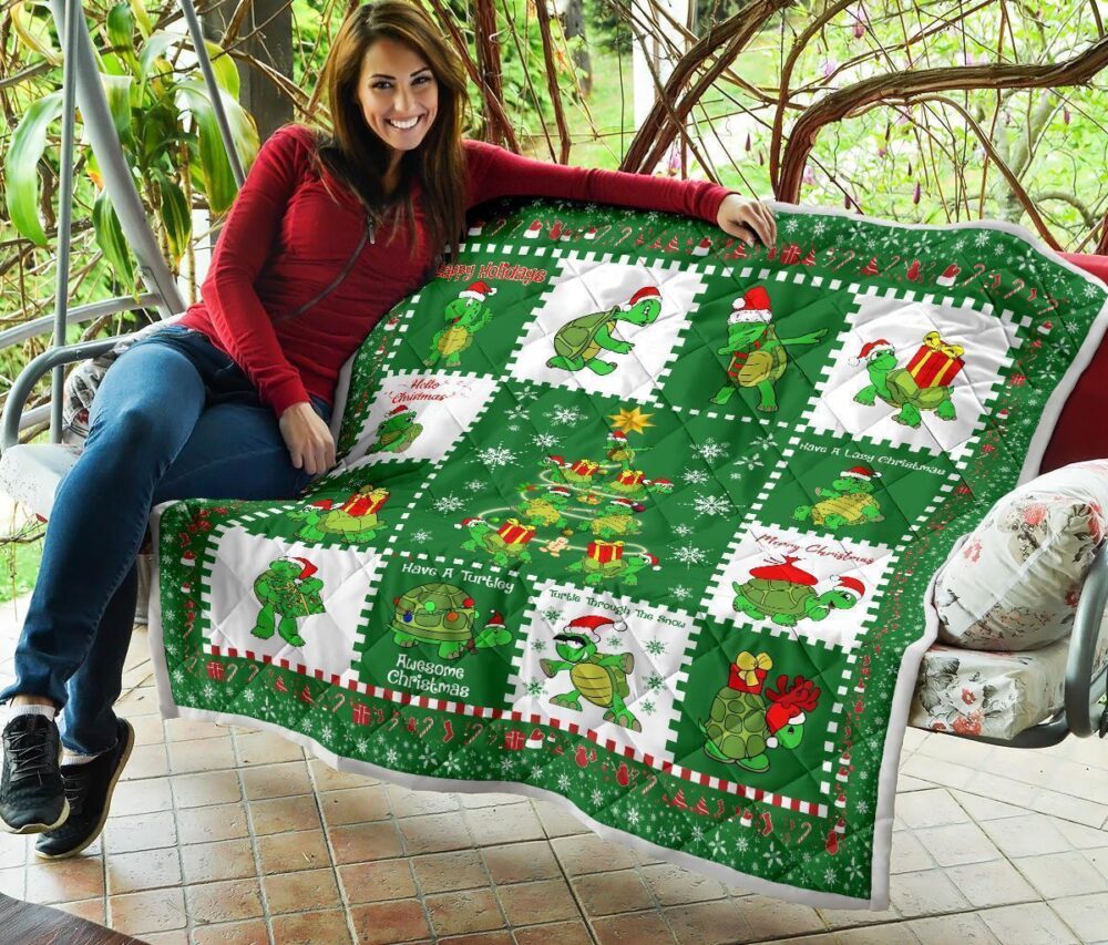 Merry Xmas Turtle Quilt Blanket Funny Xmas Gift Turtle Lover