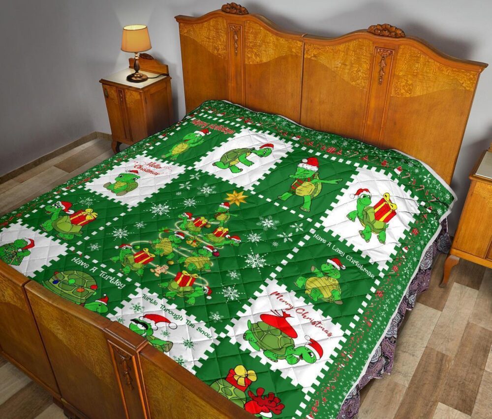 Merry Xmas Turtle Quilt Blanket Funny Xmas Gift Turtle Lover