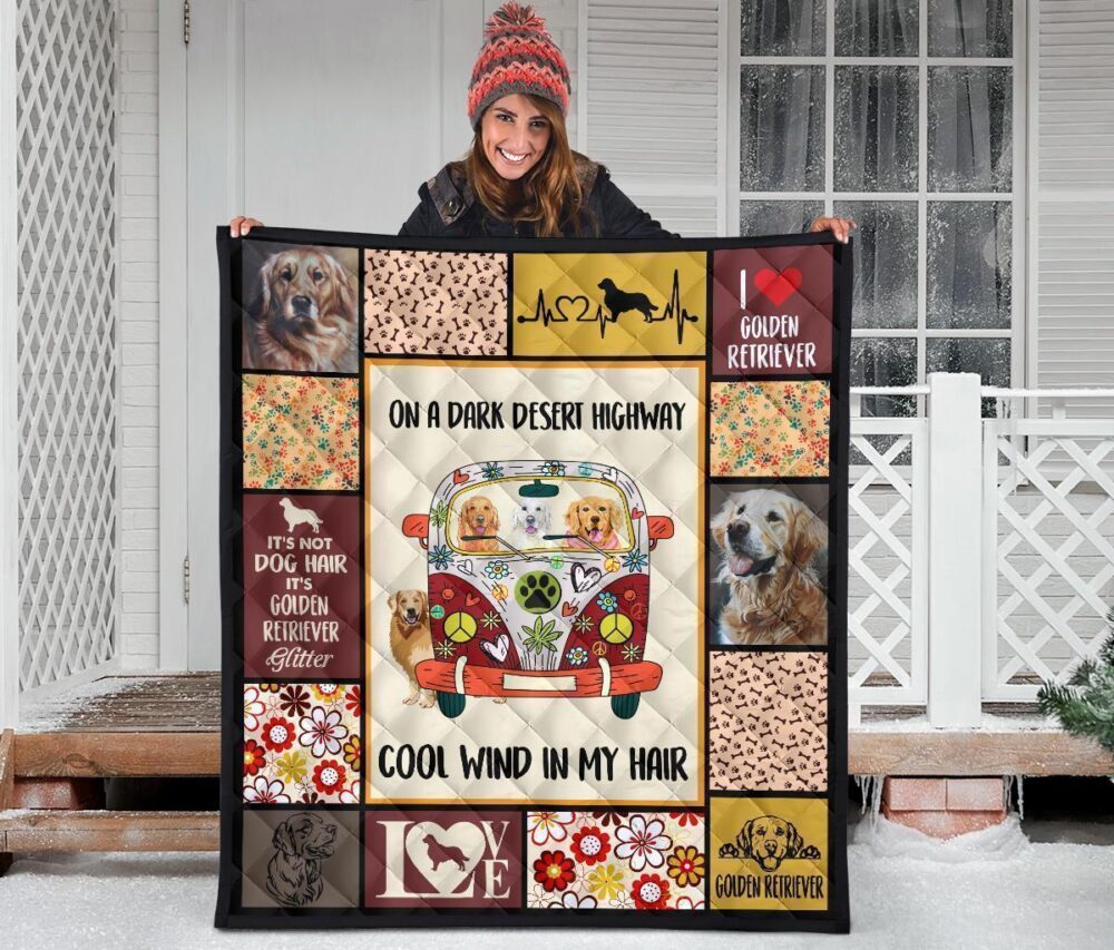 On A Dark Desert Hippie Van Golden Retriever Quilt Blanket