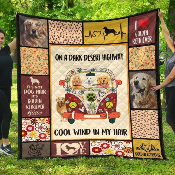 On A Dark Desert Hippie Van Golden Retriever Quilt Blanket