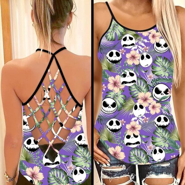 Purple Tropical Jack Skellington Criss Cross Tank Top NBCCT50