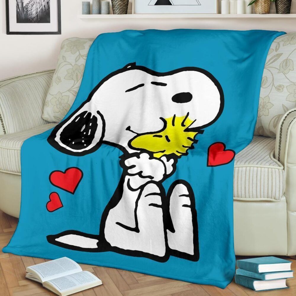 Snoopy and Woodstock Blue Fleece Blanket Gift For Fan