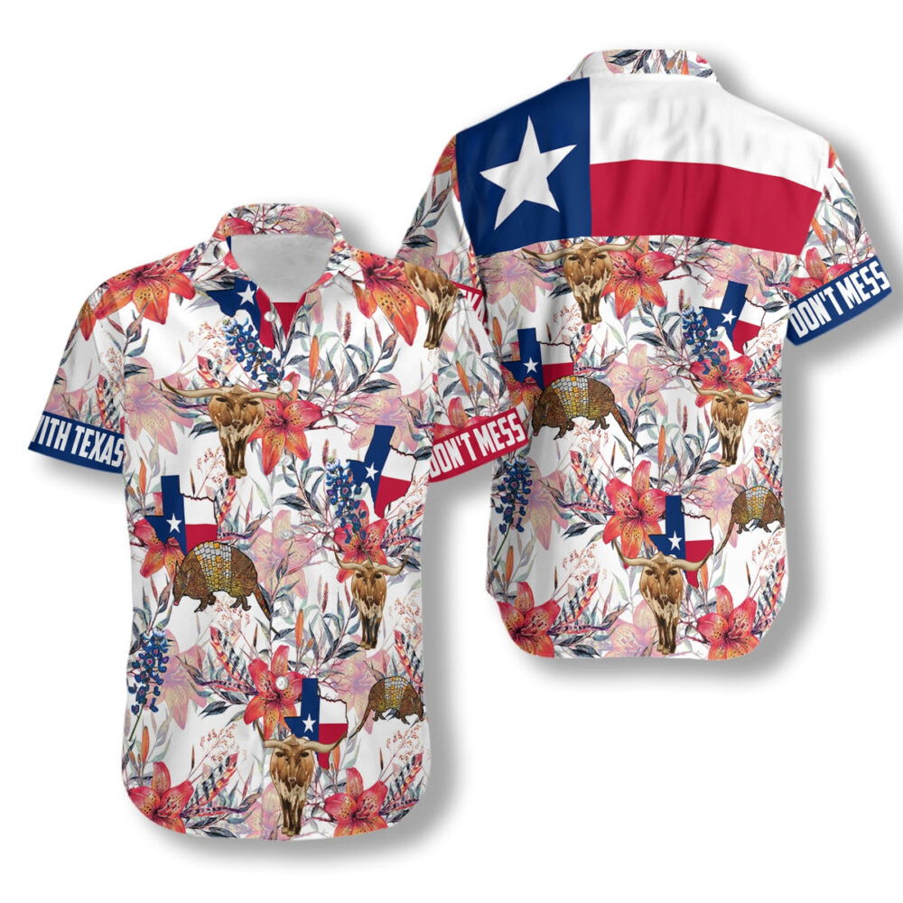 Texas Longhorn Bluebonnet And Armadillo Hawaiian Shirt | Button Down Floral Texas Flag Shirt | Proud Texas Shirt For Men